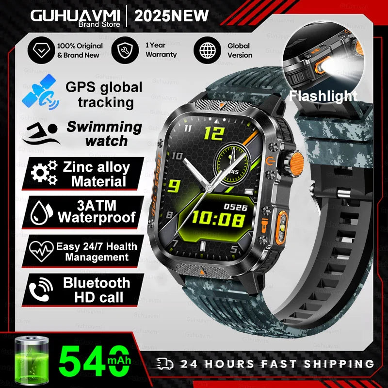 2025 GPS Smartwatch Military Compass Flashlight Waterproof Sports BT Call