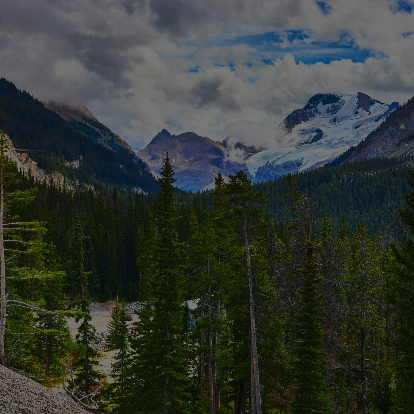 Mountain landscape with trees and a partially cloudy sky