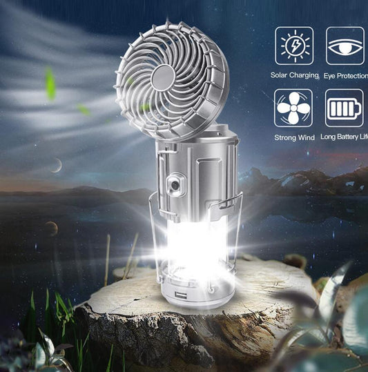 Portable LED Camping Lantern with Fan Solar Rechargeable Outdoor