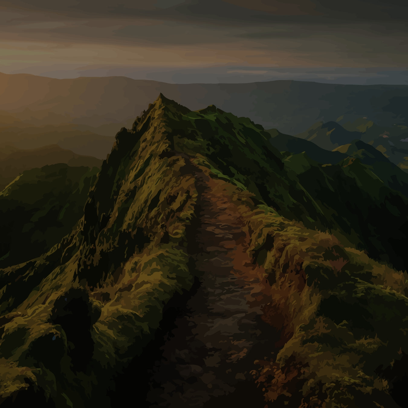 Narrow mountain ridge hiking trail at golden hour with dramatic valley views