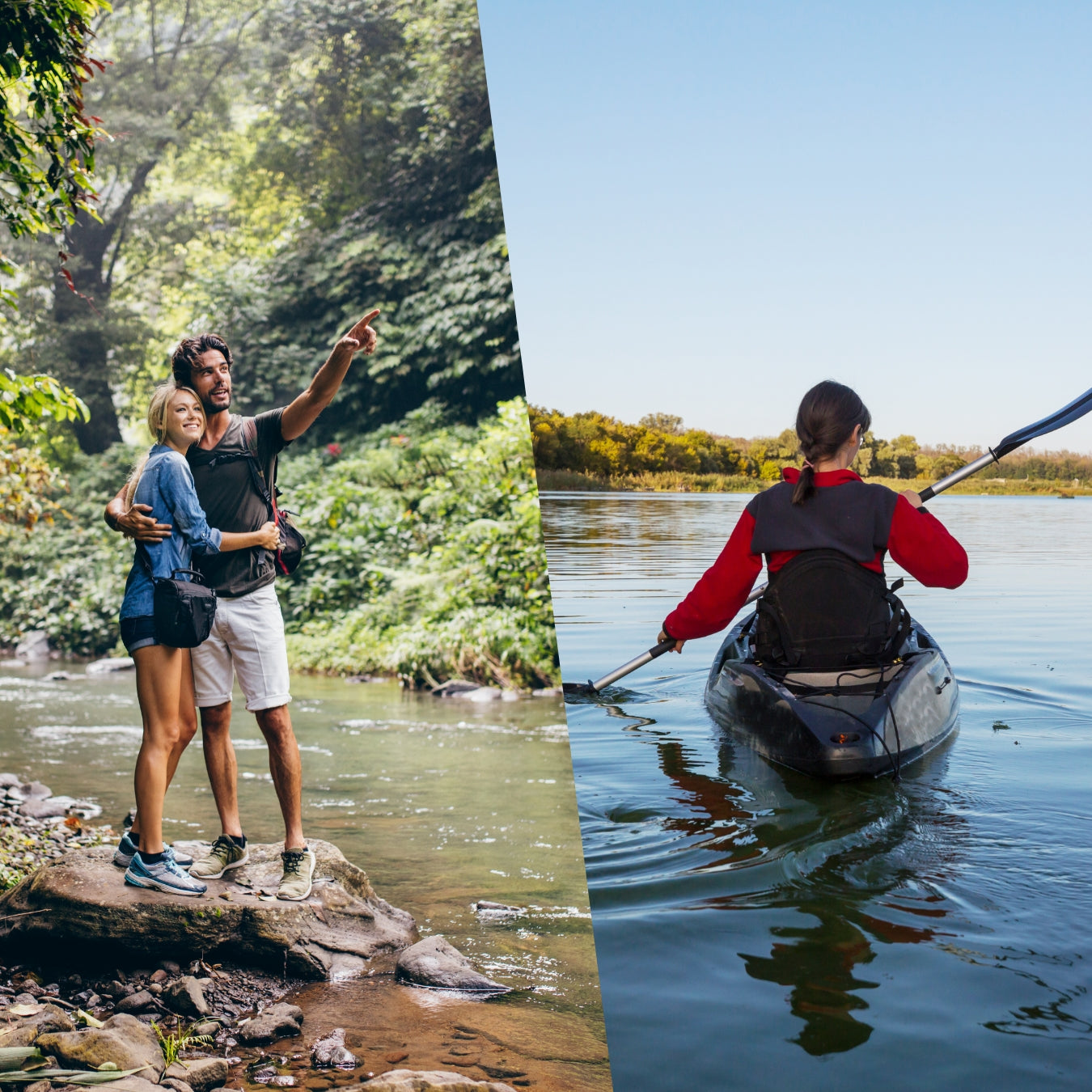 Couple exploring river rocks and solo kayaker paddling calm lake water adventure