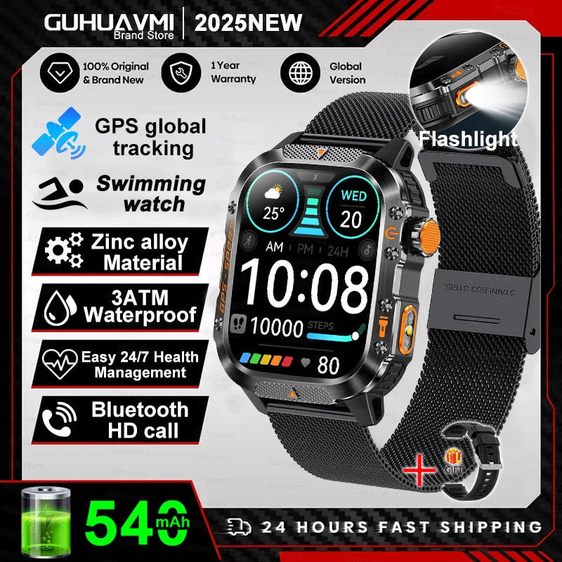 2025 GPS Smartwatch Military Compass Flashlight Waterproof Sports BT Call