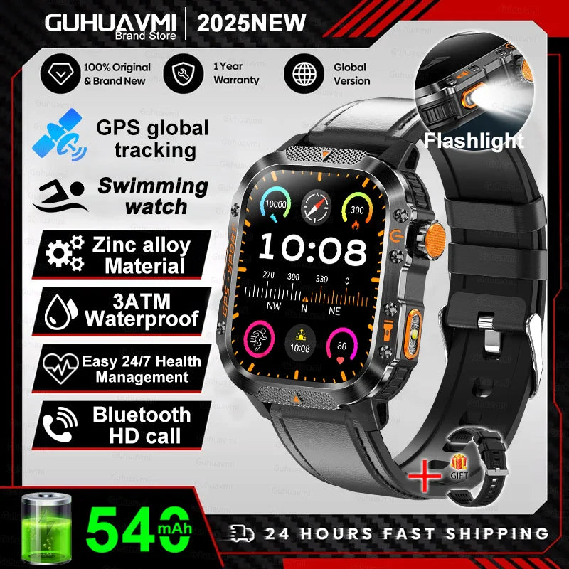 2025 GPS Smartwatch Military Compass Flashlight Waterproof Sports BT Call