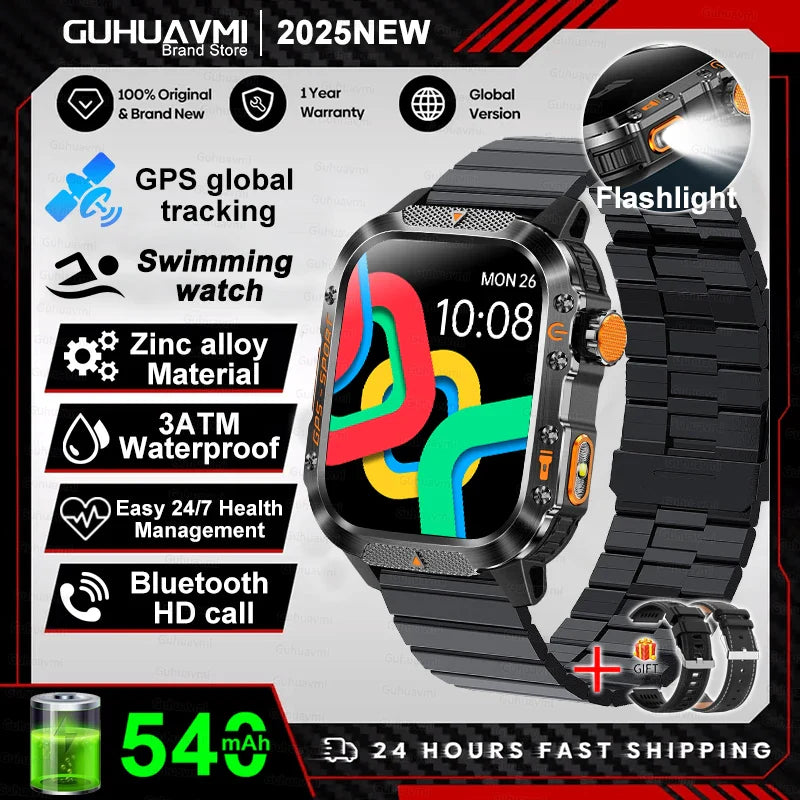 2025 GPS Smartwatch Military Compass Flashlight Waterproof Sports BT Call