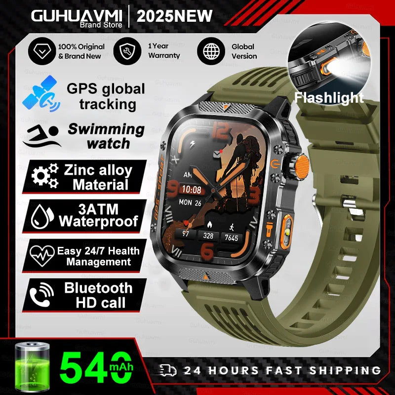 2025 GPS Smartwatch Military Compass Flashlight Waterproof Sports BT Call