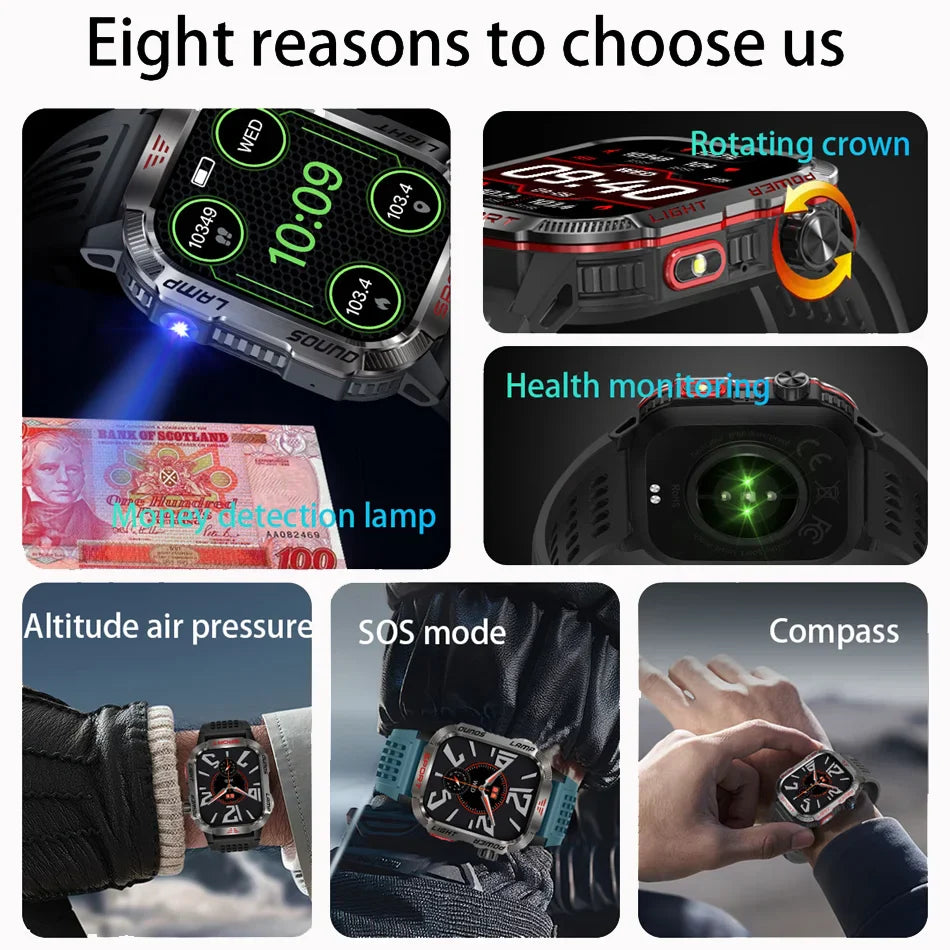 Military GPS Smartwatch Men Flashlight Compass Waterproof Bluetooth Call