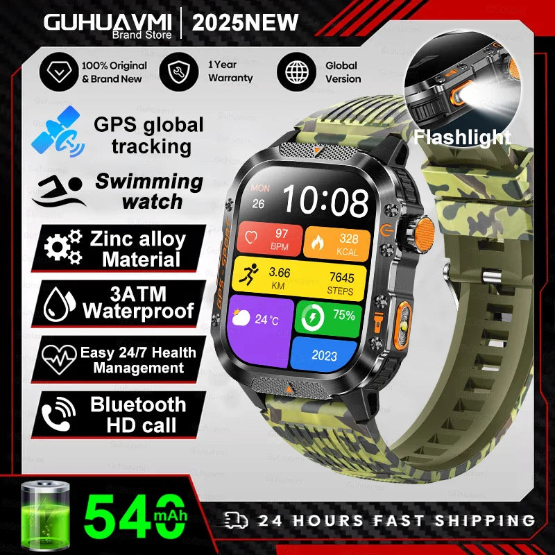 2025 GPS Smartwatch Military Compass Flashlight Waterproof Sports BT Call
