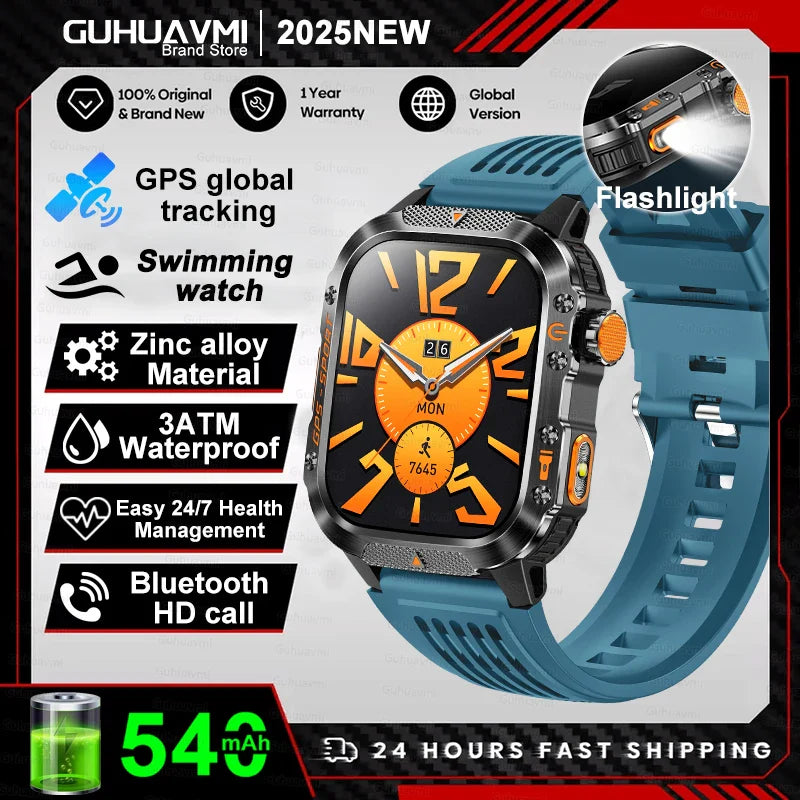 2025 GPS Smartwatch Military Compass Flashlight Waterproof Sports BT Call