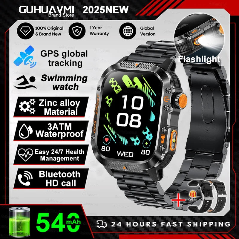 2025 GPS Smartwatch Military Compass Flashlight Waterproof Sports BT Call