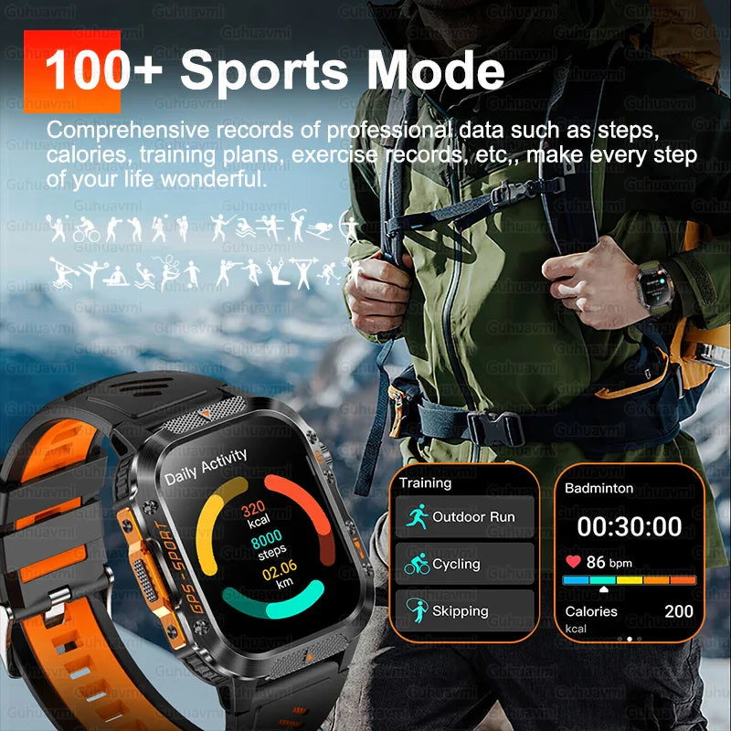 2025 GPS Smartwatch Military Compass Flashlight Waterproof Sports BT Call