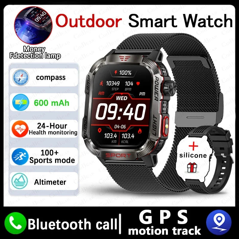 Military GPS Smartwatch Men Flashlight Compass Waterproof Bluetooth Call