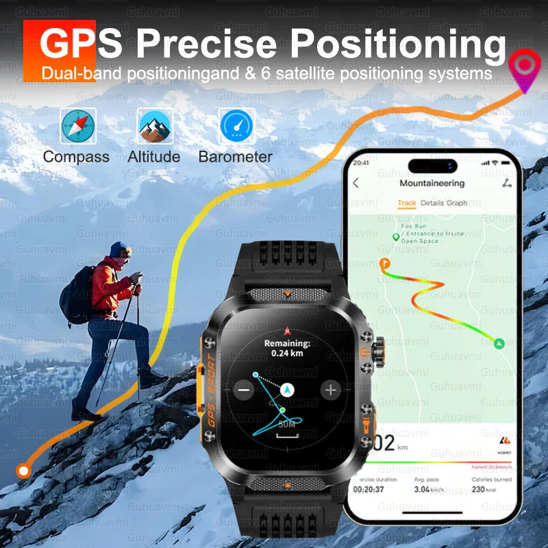 2025 GPS Smartwatch Military Compass Flashlight Waterproof Sports BT Call