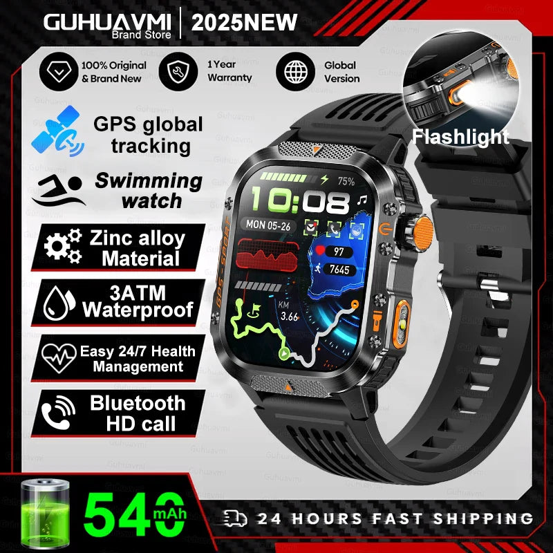 2025 GPS Smartwatch Military Compass Flashlight Waterproof Sports BT Call