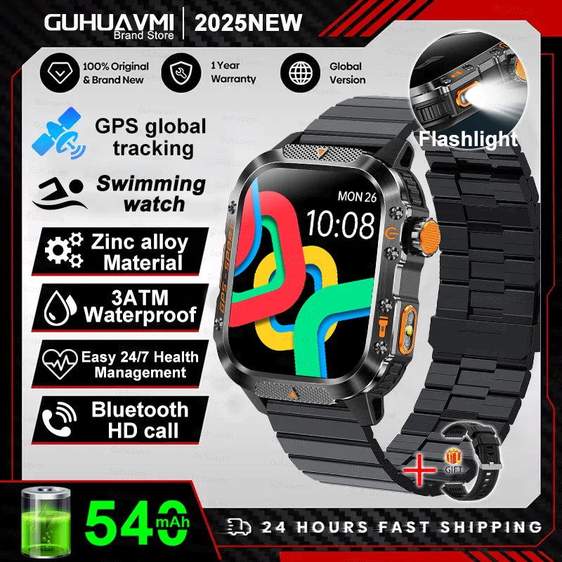 2025 GPS Smartwatch Military Compass Flashlight Waterproof Sports BT Call