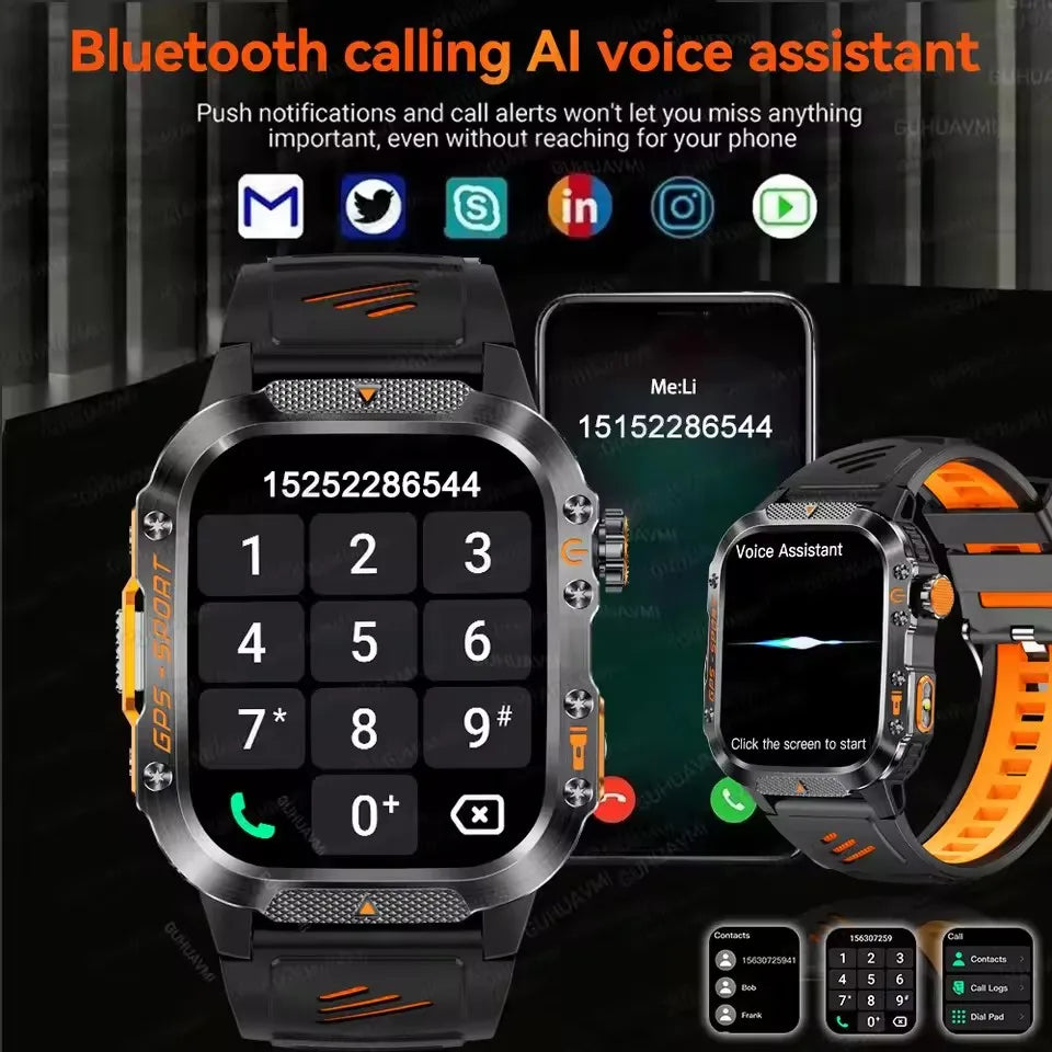 2025 GPS Smartwatch Military Compass Flashlight Waterproof Sports BT Call