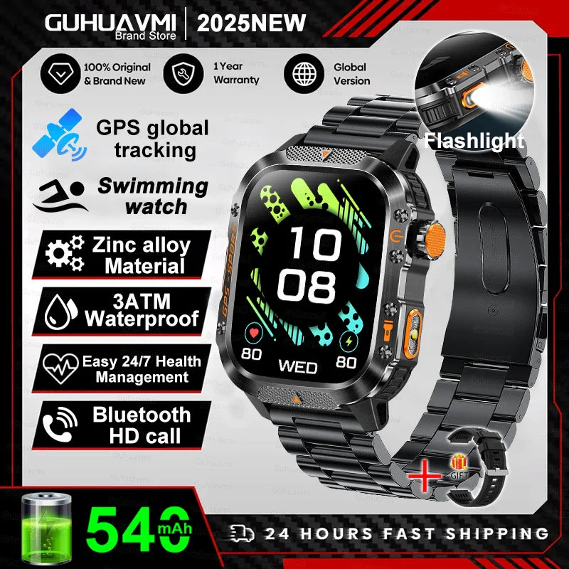 2025 GPS Smartwatch Military Compass Flashlight Waterproof Sports BT Call