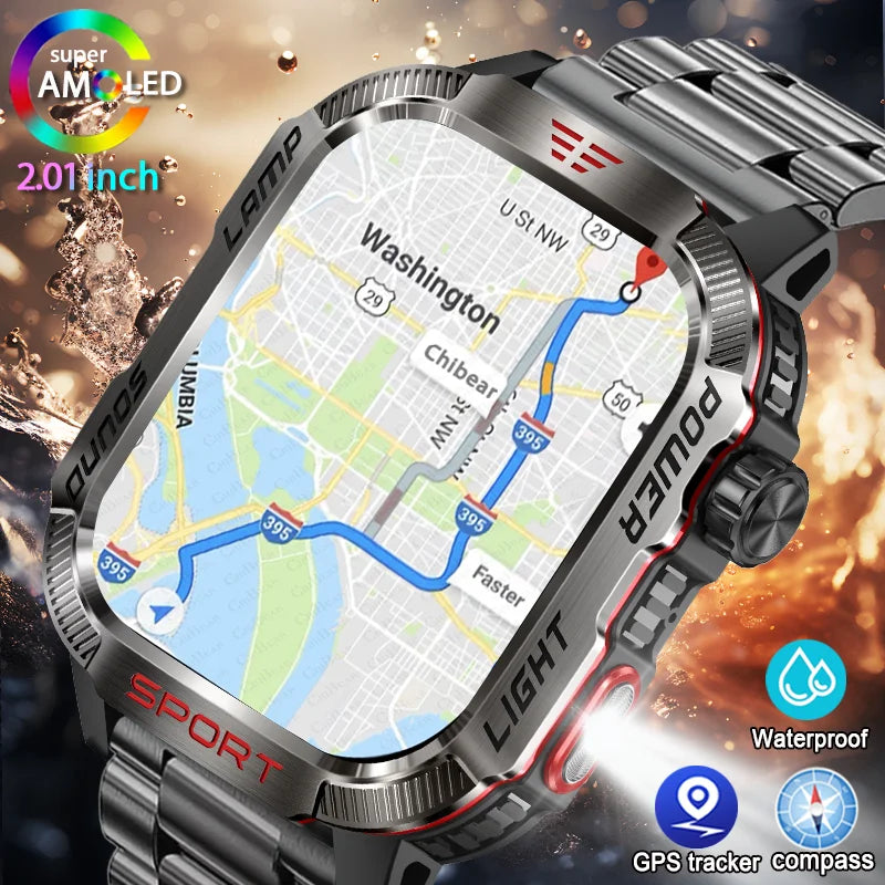 Military GPS Smartwatch Men Flashlight Compass Waterproof Bluetooth Call