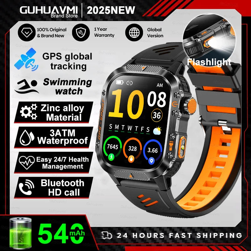2025 GPS Smartwatch Military Compass Flashlight Waterproof Sports BT Call