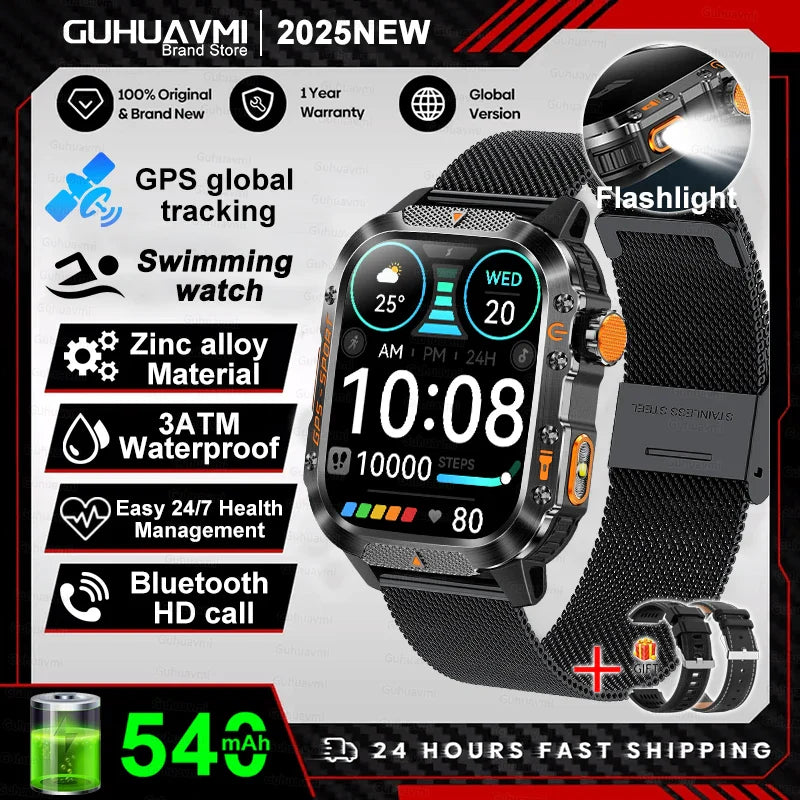 2025 GPS Smartwatch Military Compass Flashlight Waterproof Sports BT Call