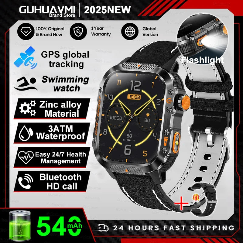 2025 GPS Smartwatch Military Compass Flashlight Waterproof Sports BT Call