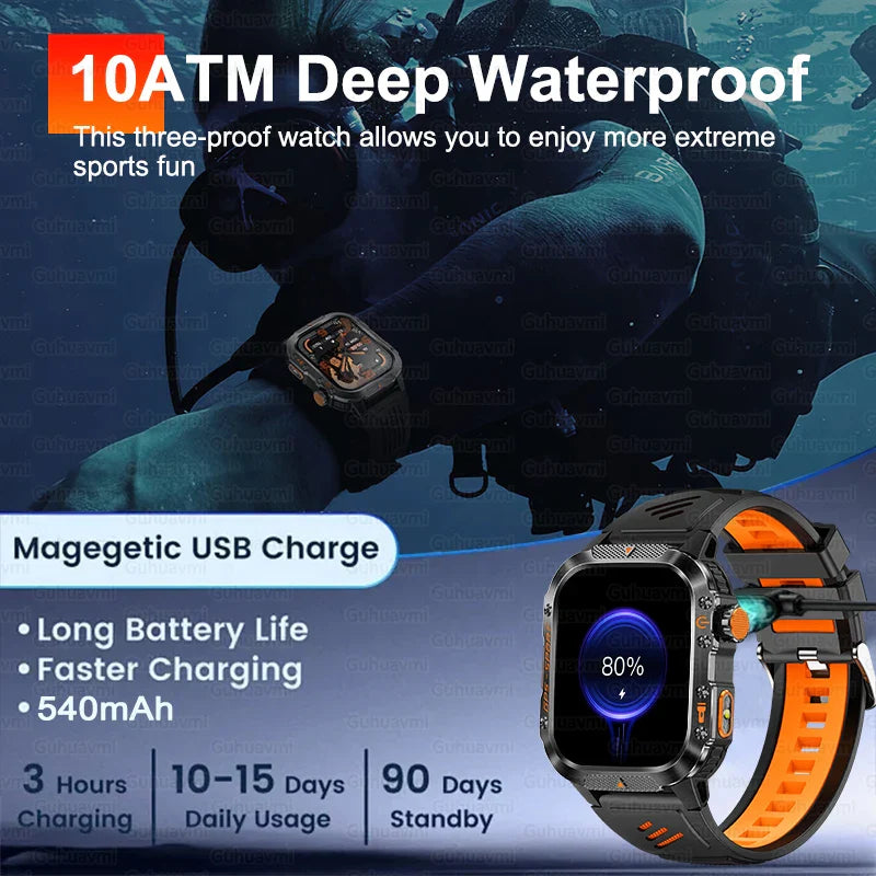 2025 GPS Smartwatch Military Compass Flashlight Waterproof Sports BT Call